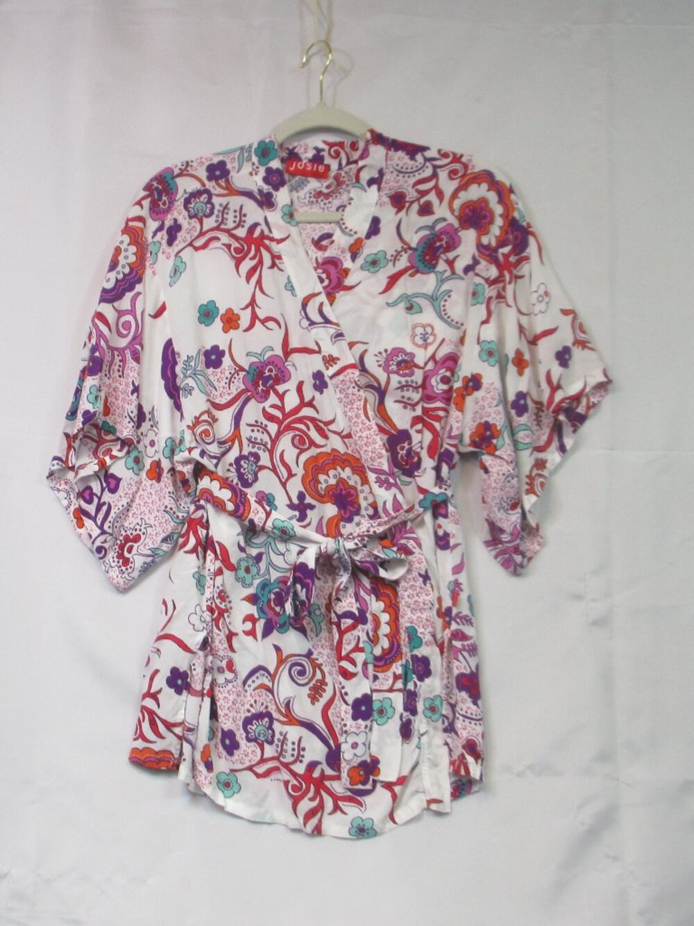 Josie Natori Wrap Short Robe Kimono Colorful Size XS 100% Rayon Floral Artsy
